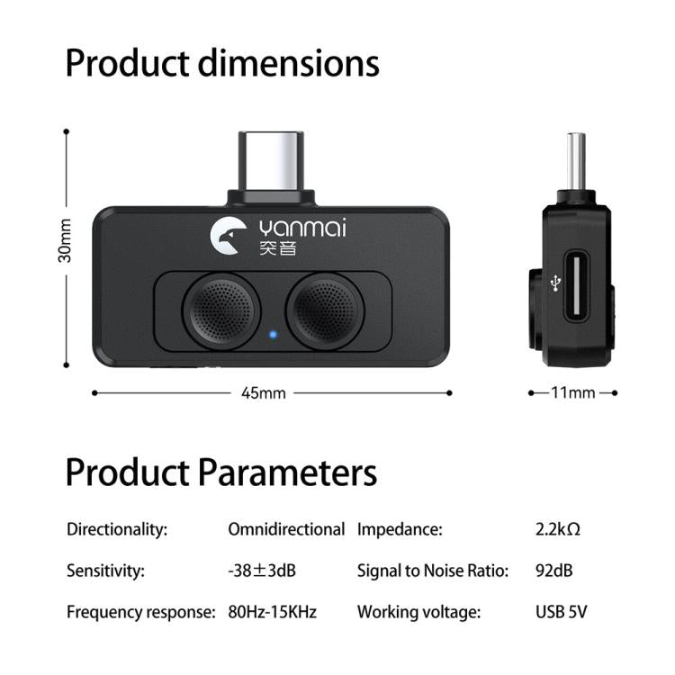 Micrófono mini YANMAI R6 para vlogging/grabación con puerto USB-C, IA + ANC (reducción de ruido inteligente).