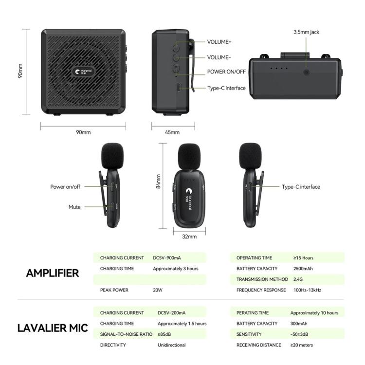 Micrófono de solapa con amplificador de voz Bluetooth inalámbrico 2.4G YANMAI K5 para enseñanza/formación