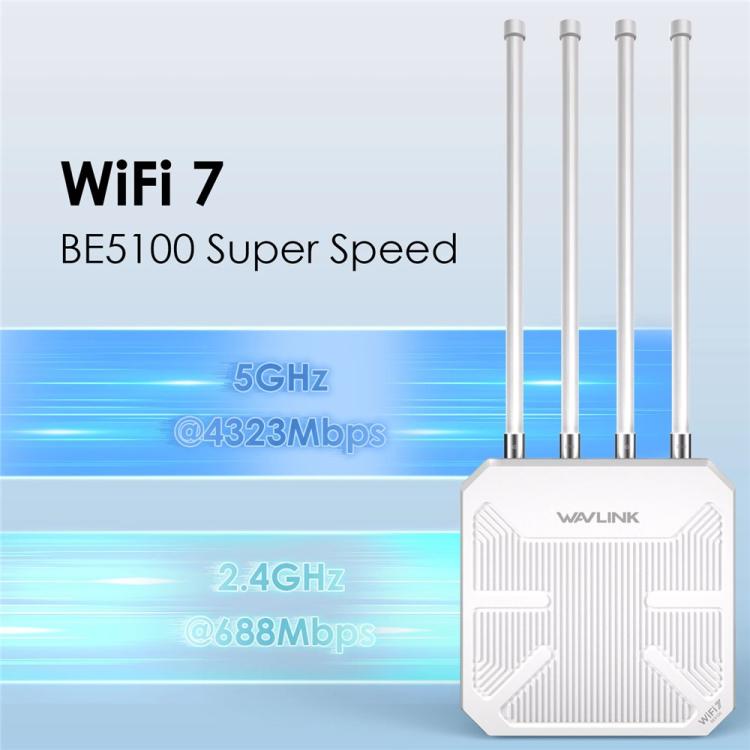 Router WiFi 7 para exteriores WAVLINK BE5100 WN573HBE2 con antena de alta ganancia de 8 dBi, resistente al agua IP67., US Plug, EU Plug, UK Plug, AU Plug