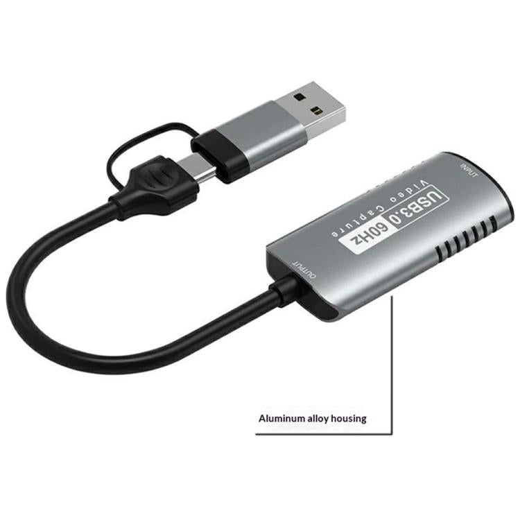 Adaptador de captura de vídeo HU-08A 1080P 60Hz HD HDMI a USB 3.0 / Tipo-C 2 en 1, HU-08A