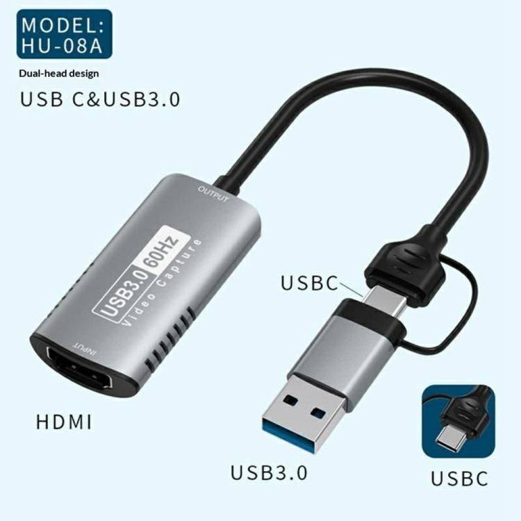 Adaptador de captura de vídeo HU-08A 1080P 60Hz HD HDMI a USB 3.0 / Tipo-C 2 en 1, HU-08A