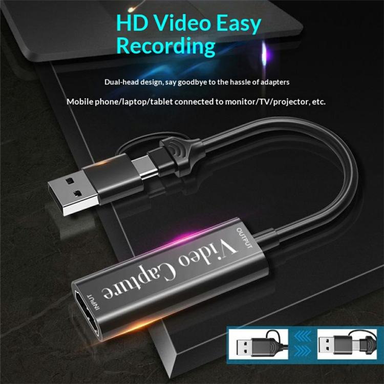 Cable adaptador HU-02A para transmisión en vivo, HDMI a USB/Tipo-C, tarjeta de captura de video 2 en 1, HU-02A