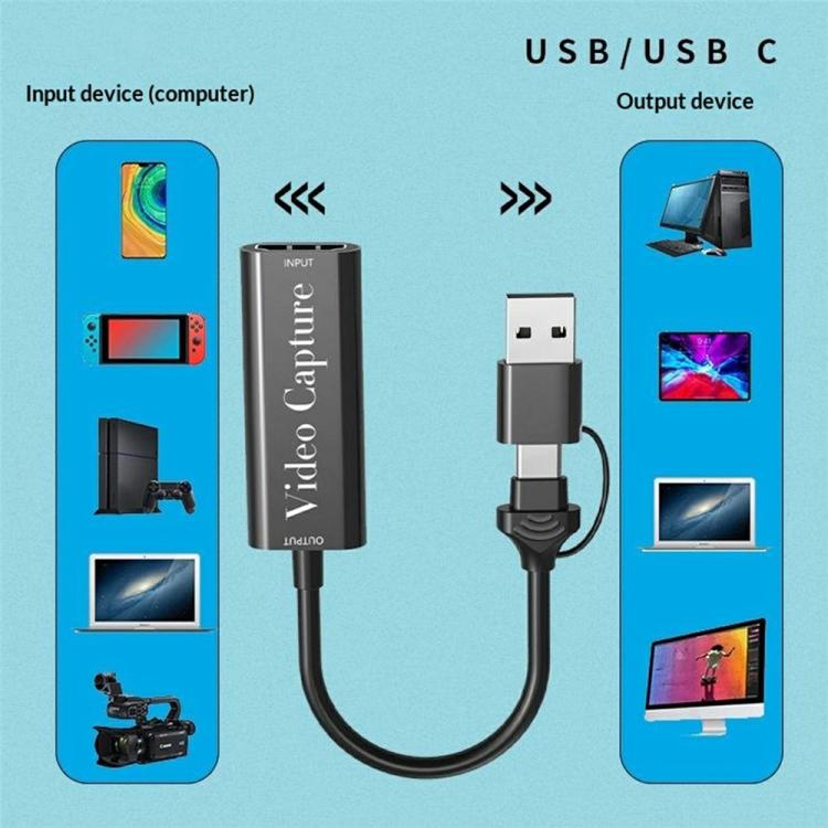 Cable adaptador HU-02A para transmisión en vivo, HDMI a USB/Tipo-C, tarjeta de captura de video 2 en 1, HU-02A