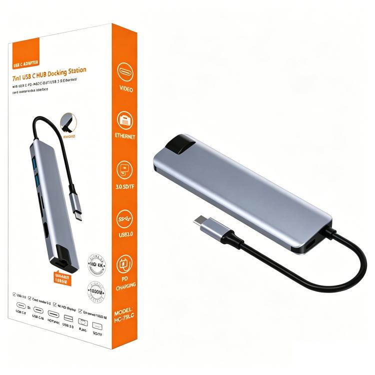 HC-75LC 4K HD PD100W Carga Gigabit Ethernet Hub 7 en 1 USB-C con lector de tarjetas SD/TF USB 3.0, HC-75LC