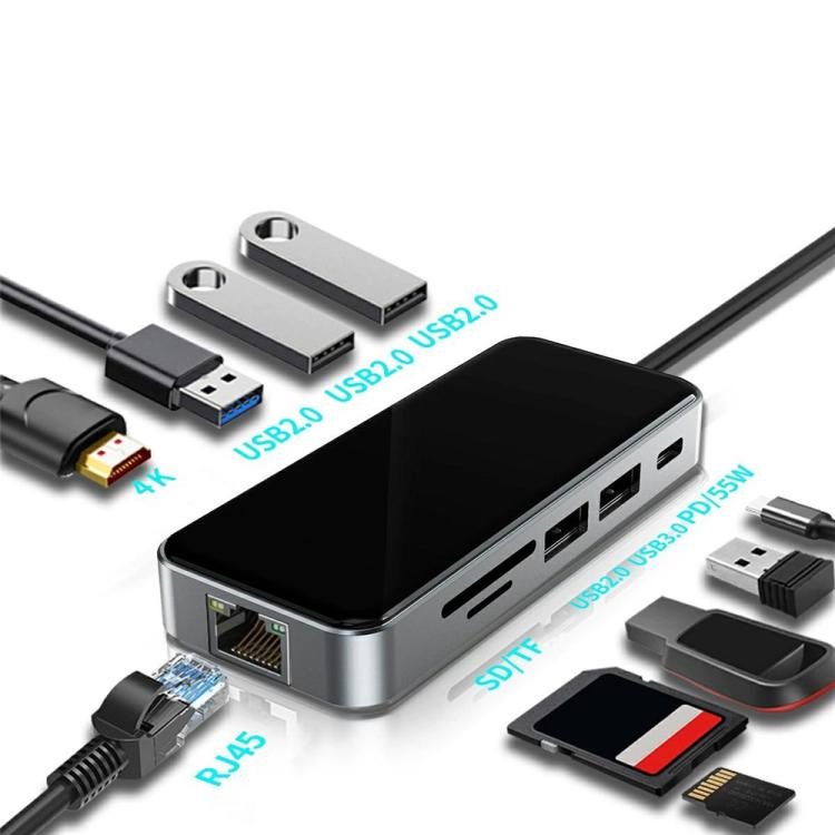 HC-76 4K HD RJ45 Ethernet Lector de tarjetas SD TF Adaptador multipuerto Hub USB-C 10 en 1 Estación de acoplamiento, HC-76