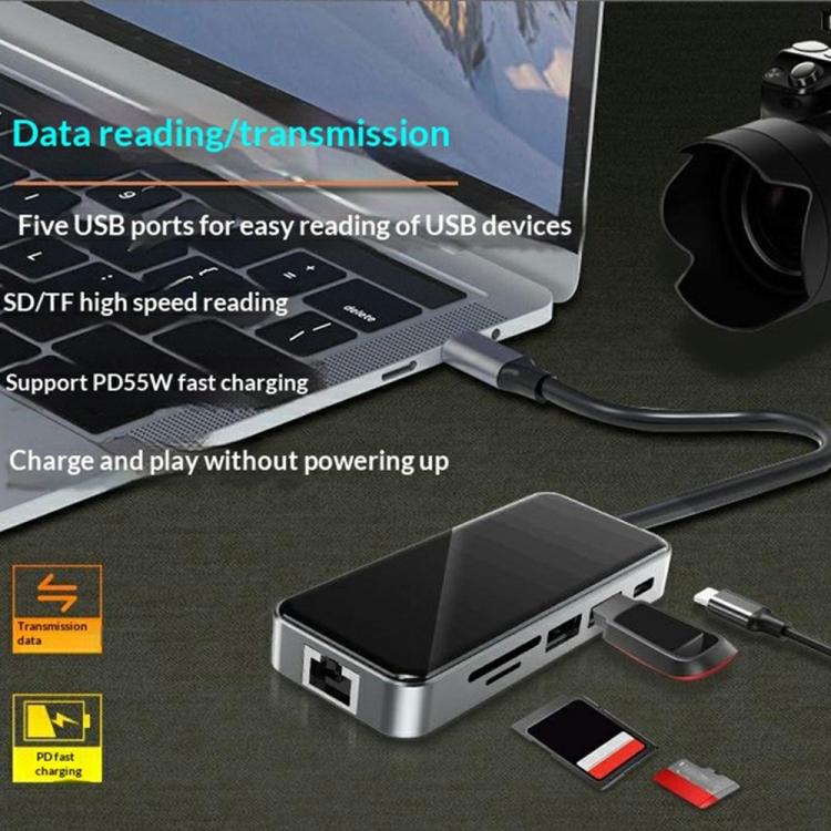 HC-76 4K HD RJ45 Ethernet Lector de tarjetas SD TF Adaptador multipuerto Hub USB-C 10 en 1 Estación de acoplamiento, HC-76