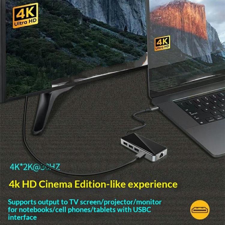HC-76 4K HD RJ45 Ethernet Lector de tarjetas SD TF Adaptador multipuerto Hub USB-C 10 en 1 Estación de acoplamiento, HC-76