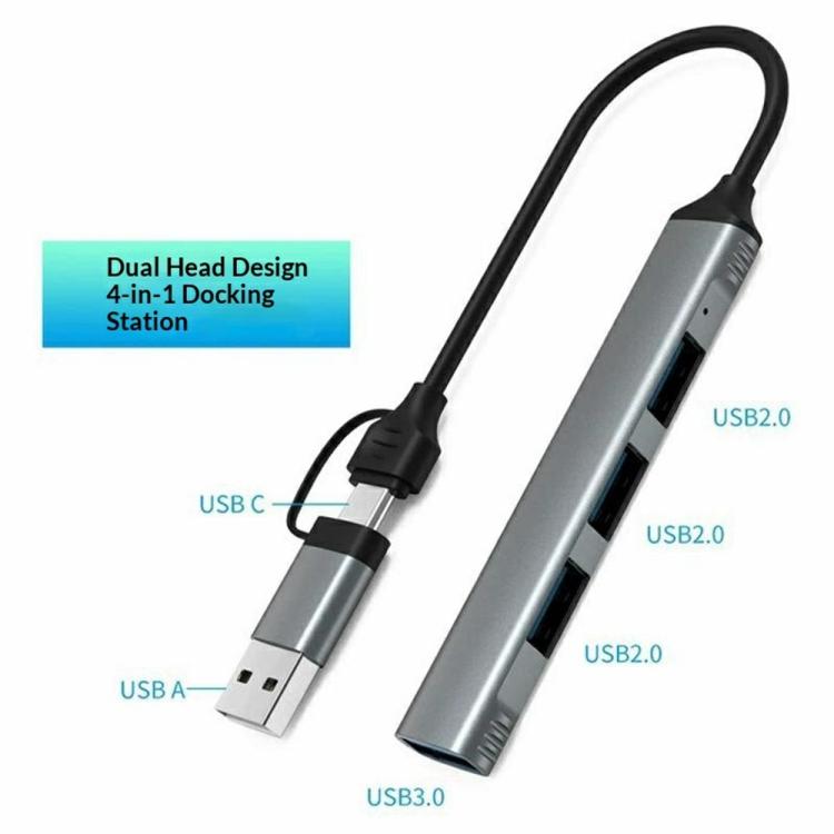 HUB portátil de aleación de aluminio HC-77 con puertos USB-C/USB-A, USB 3.0 y 3 puertos USB 2.0., HC-77