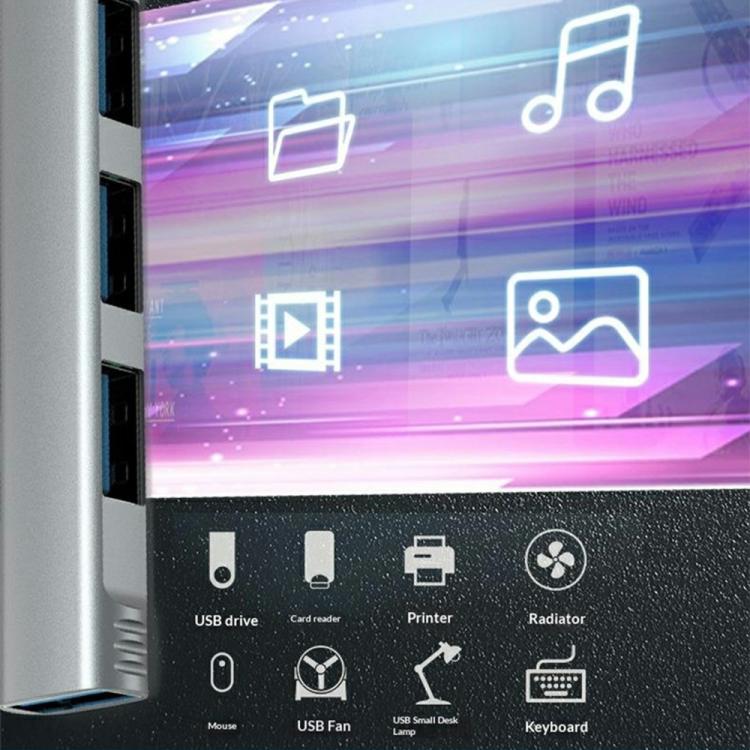 HUB portátil de aleación de aluminio HC-77 con puertos USB-C/USB-A, USB 3.0 y 3 puertos USB 2.0., HC-77