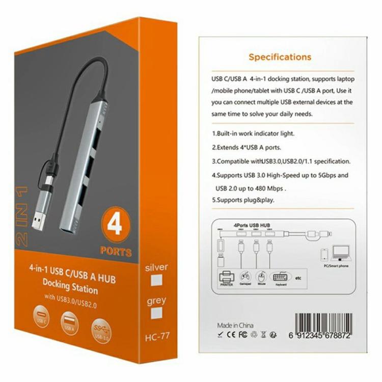 HUB portátil de aleación de aluminio HC-77 con puertos USB-C/USB-A, USB 3.0 y 3 puertos USB 2.0., HC-77