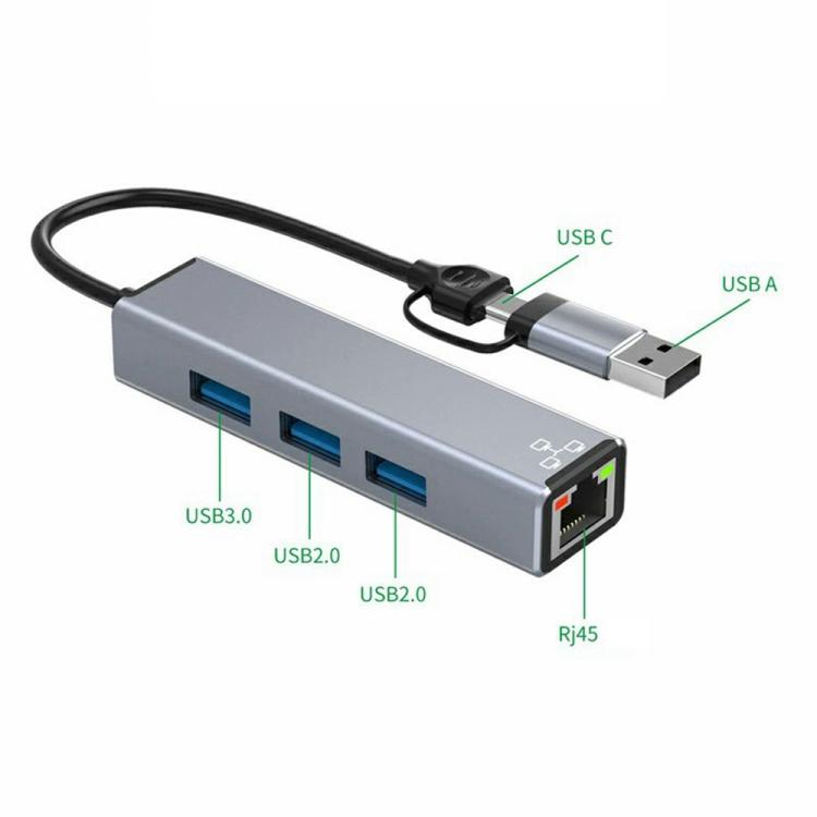 Adaptador Ethernet HC-78 con divisor de tarjeta de red USB-C/USB-A a USB 3.0/2.0 RJ45, 4 en 1., HC-78