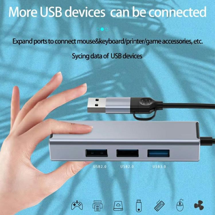 Adaptador Ethernet HC-78 con divisor de tarjeta de red USB-C/USB-A a USB 3.0/2.0 RJ45, 4 en 1., HC-78