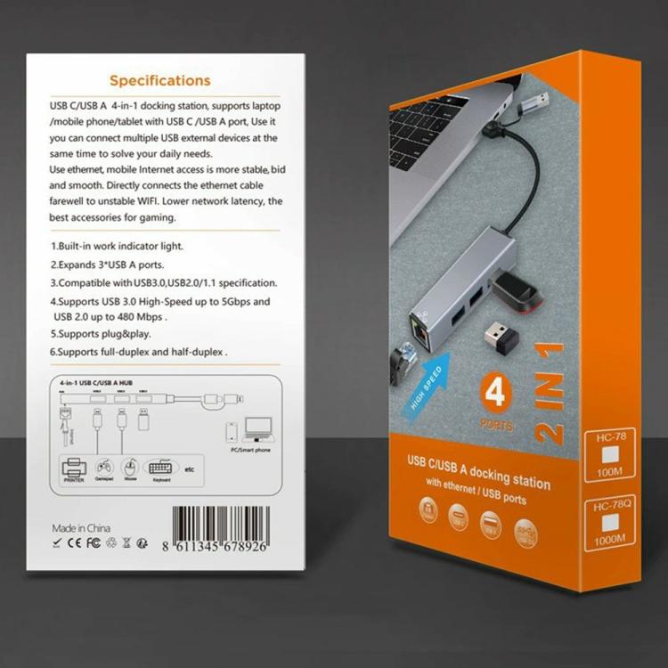 Adaptador Ethernet HC-78 con divisor de tarjeta de red USB-C/USB-A a USB 3.0/2.0 RJ45, 4 en 1., HC-78