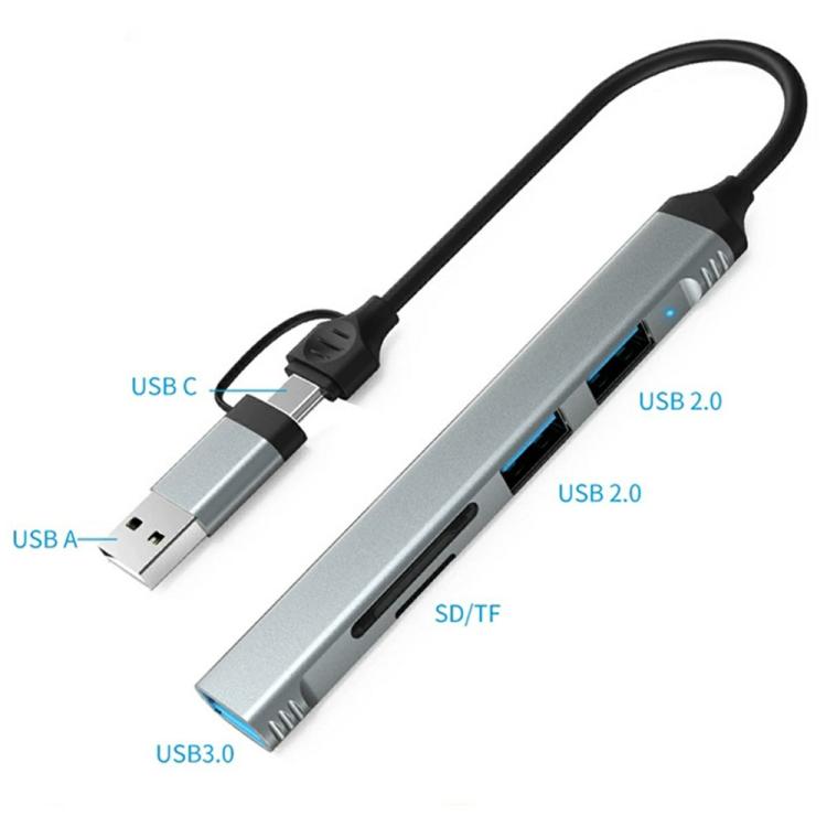 Lector de tarjetas SD/TF USB-C/USB-A a USB 3.0/2.0 HC-77A, concentrador de expansión 5 en 1 de aleación de aluminio., HC-77A
