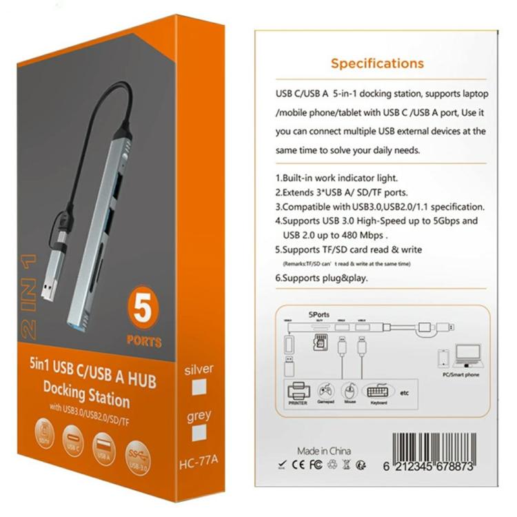 Lector de tarjetas SD/TF USB-C/USB-A a USB 3.0/2.0 HC-77A, concentrador de expansión 5 en 1 de aleación de aluminio., HC-77A