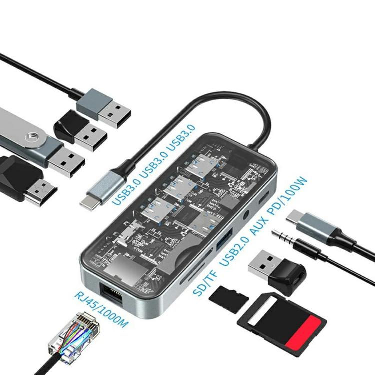 HC-87 Hub USB-C 10 en 1 Gigabit Ethernet 4K HD PD Adaptador multipuerto de carga de 100 W, HC-87
