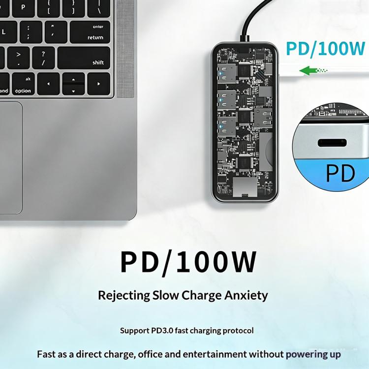 HC-87 Hub USB-C 10 en 1 Gigabit Ethernet 4K HD PD Adaptador multipuerto de carga de 100 W, HC-87