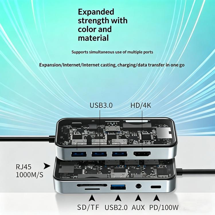 HC-87 Hub USB-C 10 en 1 Gigabit Ethernet 4K HD PD Adaptador multipuerto de carga de 100 W, HC-87