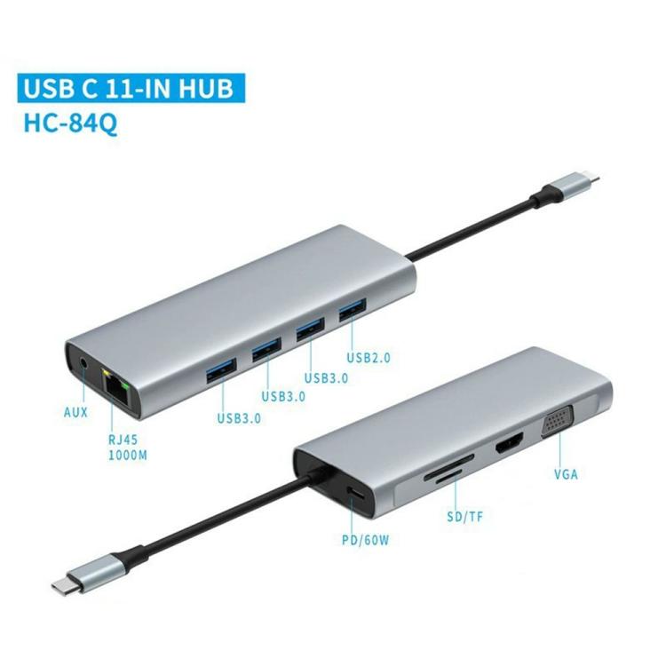 Base de expansión HC-84Q HD VGA RJ45 con puerto Ethernet, carga PD de 60 W y concentrador USB-C 11 en 1., HC-84Q