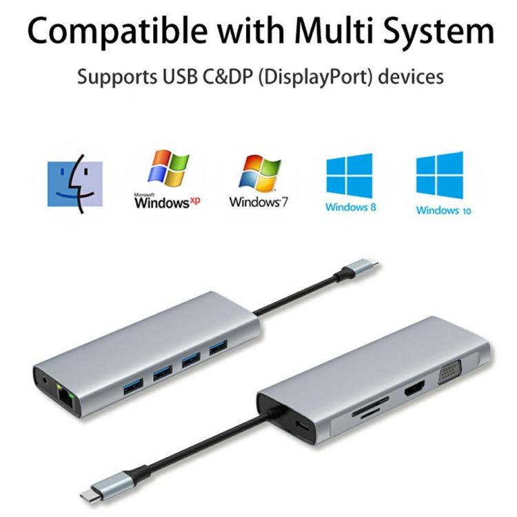 Base de expansión HC-84Q HD VGA RJ45 con puerto Ethernet, carga PD de 60 W y concentrador USB-C 11 en 1., HC-84Q