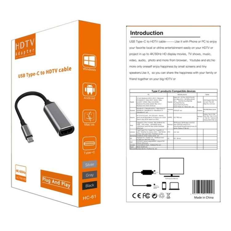 Adaptador HC-61 HDMI Video Audio Sync Cable Tipo-C a HDMI 4K / 60Hz, HC-61