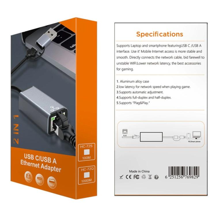 Adaptador Ethernet HC-72S USB-C/USB-A a RJ45 de 100 Mbps, HC-72S