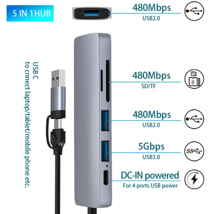 Estación de acoplamiento multipuerto HC-13FL Tipo-C / USB-A a USB 3.0 / 2.0, lector de tarjetas SD/TF, HC-13FL