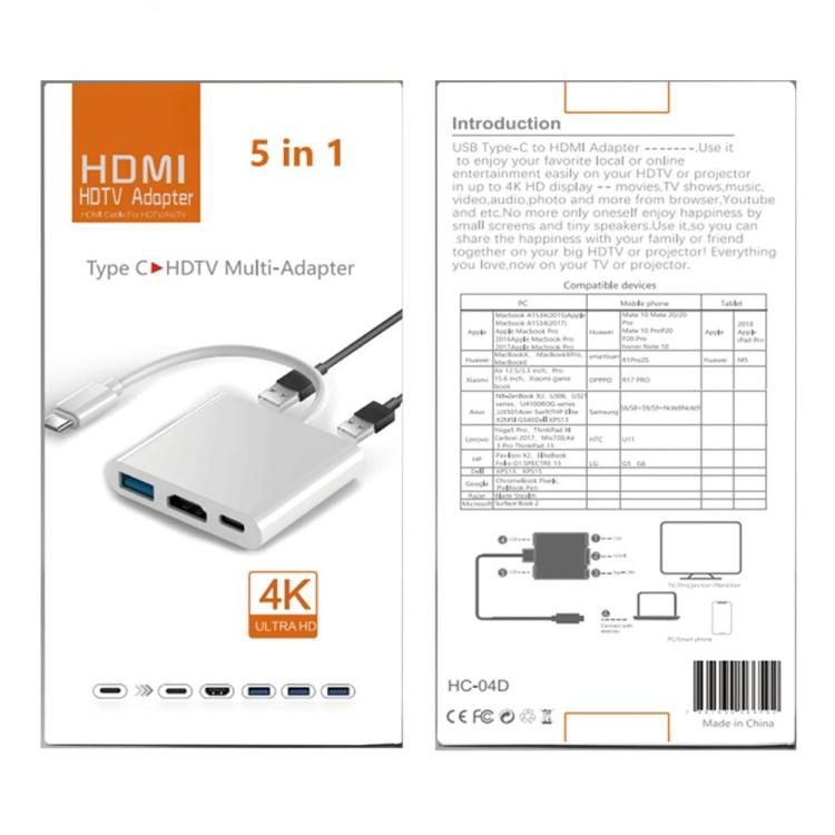 Estación de acoplamiento HC-04D 5 en 1, adaptador divisor USB 3.0/2.0 USB-C a 4K HD, concentrador USB-C., HC-04D