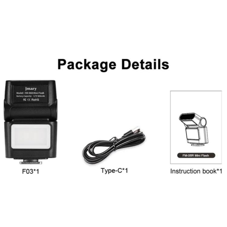 JMARY FM-06R Mini flash de relleno para cámara, montaje en zapata, luz LED recargable de 300 mAh