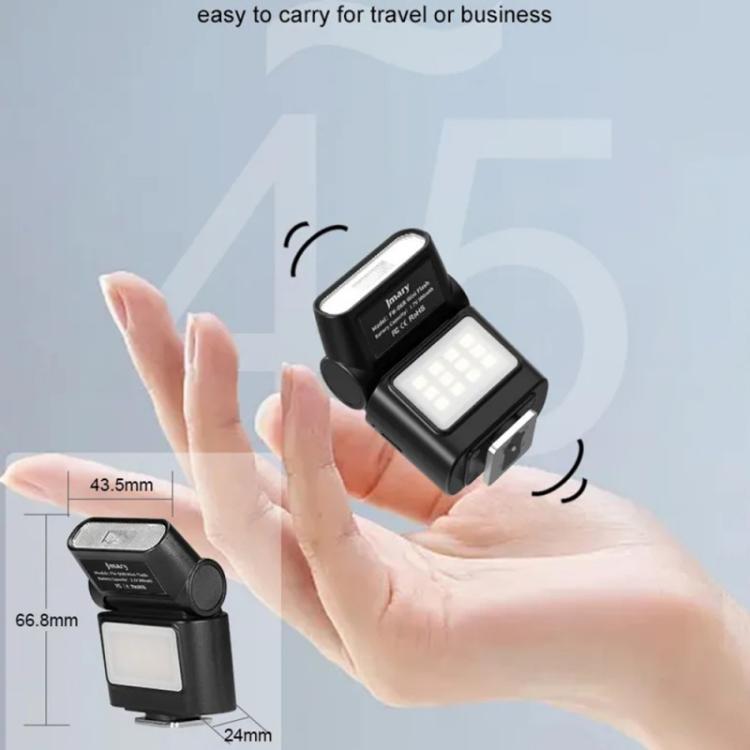 JMARY FM-06R Mini flash de relleno para cámara, montaje en zapata, luz LED recargable de 300 mAh