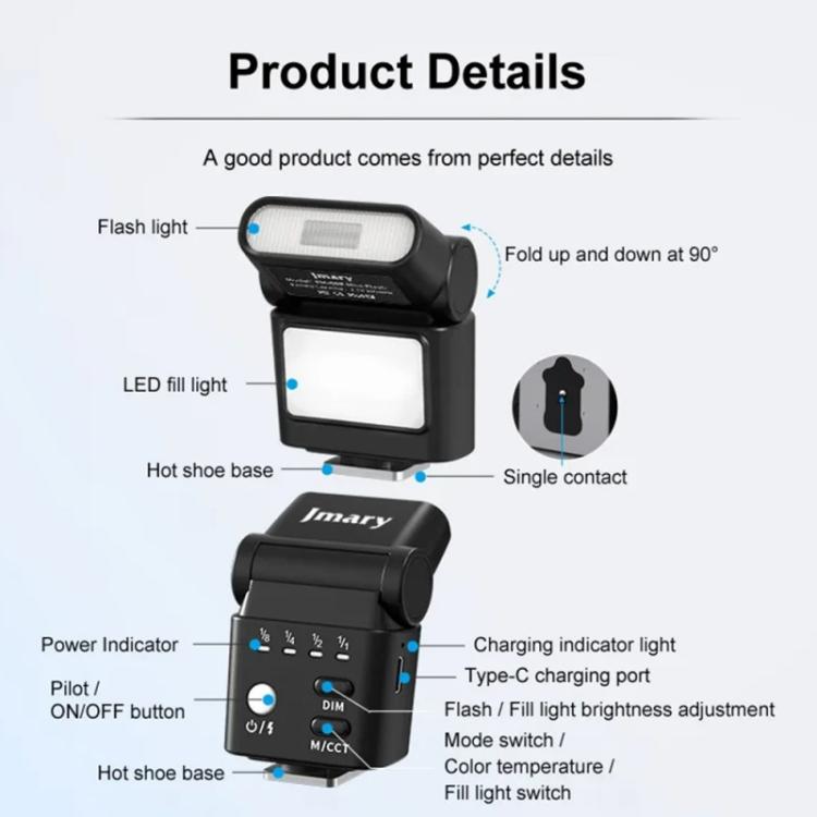 JMARY FM-06R Mini flash de relleno para cámara, montaje en zapata, luz LED recargable de 300 mAh