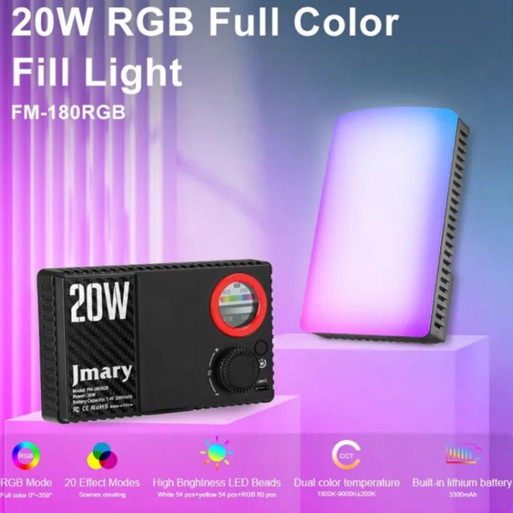 Luz de relleno LED RGB de 20 W para cámaras DSLR y cámaras fotográficas JMARY FM-180RGB