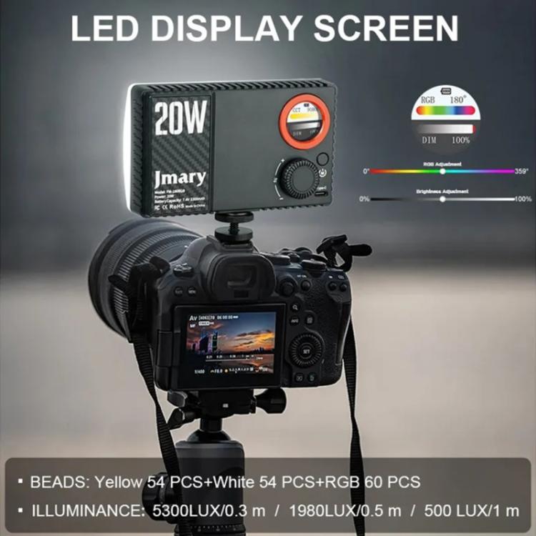 Luz de relleno LED RGB de 20 W para cámaras DSLR y cámaras fotográficas JMARY FM-180RGB