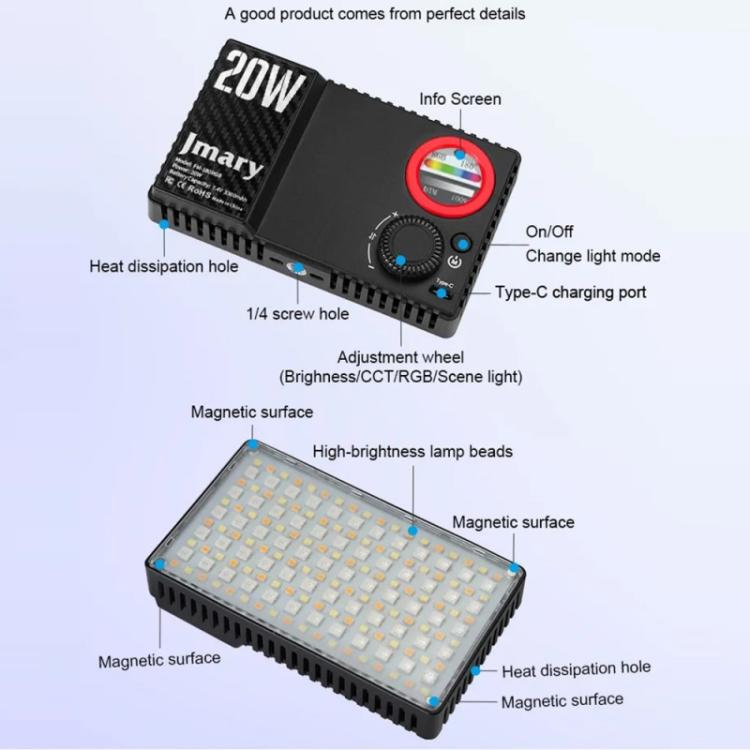Luz de relleno LED RGB de 20 W para cámaras DSLR y cámaras fotográficas JMARY FM-180RGB