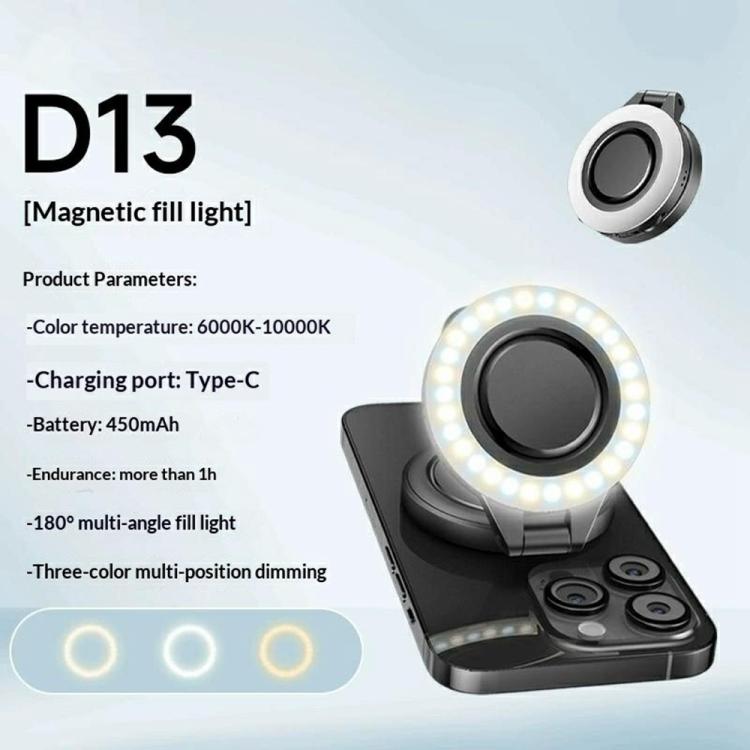 D13 para teléfono, luz de relleno LED portátil, 3 modos de color, anillo magnético para fotografía.