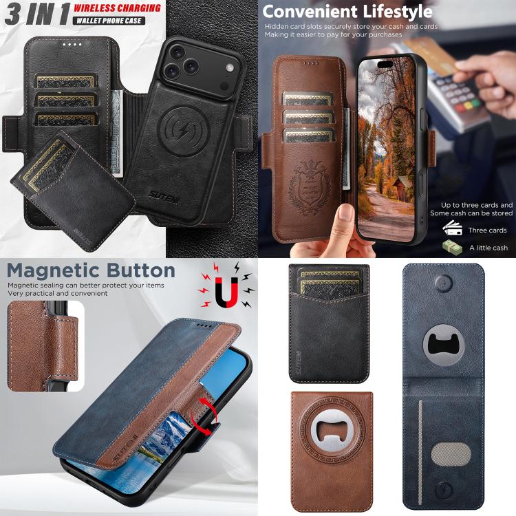 Funda para teléfono Suteni Q07S5 3 en 1 desmontable con abridor de botellas, tarjetero y cierre magnético, fabricada en piel vegana con empalme izquierdo y derecho., For iPhone 13 Pro Max, For iPhone 13 Pro, For iPhone 13, For iPhone 12                ...