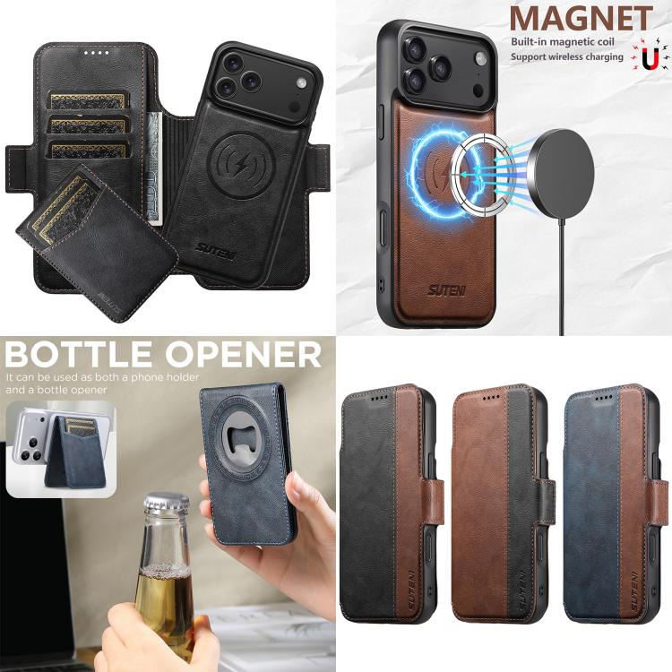 Funda para teléfono Suteni Q07S5 3 en 1 desmontable con abridor de botellas, tarjetero y cierre magnético, fabricada en piel vegana con empalme izquierdo y derecho., For iPhone 13 Pro Max, For iPhone 13 Pro, For iPhone 13, For iPhone 12                ...