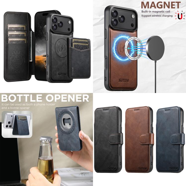 Funda para teléfono Suteni Q05S5 3 en 1 con abridor de botellas desmontable, tarjetero magnético, piel de vacuno y piel vegana., For iPhone 13 Pro Max, For iPhone 13 Pro, For iPhone 13, For iPhone 12, For iPhone 12 Pro Max, For iPhone 12 Pro