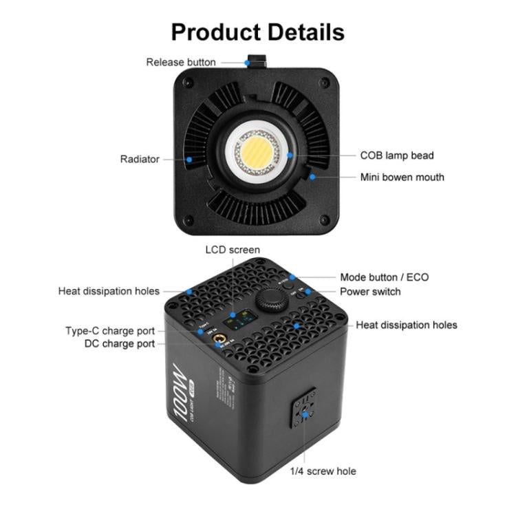 Lámpara COB recargable VLOGLITE P100RGB de 2700K-6500K para estudio fotográfico, inalámbrica y recargable, 100W., P100RGB