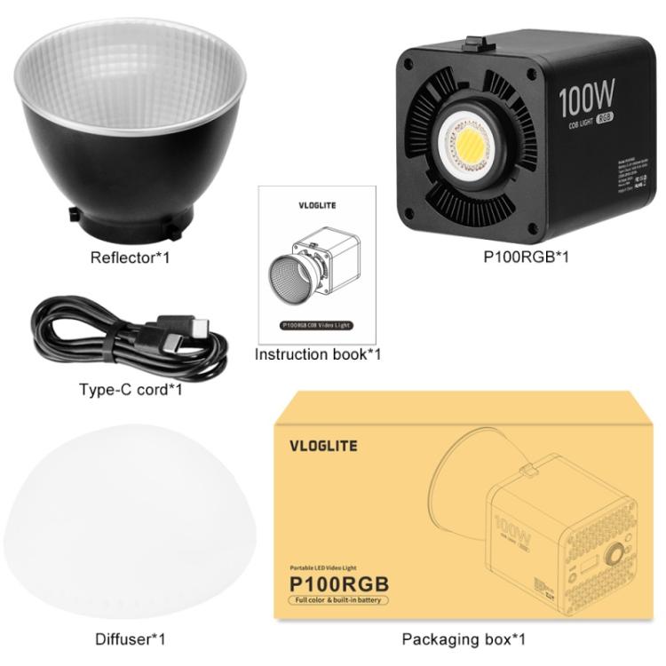 Lámpara COB recargable VLOGLITE P100RGB de 2700K-6500K para estudio fotográfico, inalámbrica y recargable, 100W., P100RGB