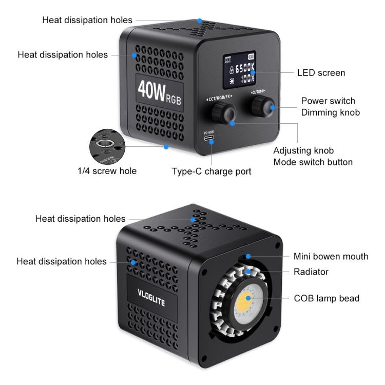 Lámpara de vídeo VLOGLITE P40RGB para fotografía, 40 W, LED COB RGB, 20 modos de efectos, para estudio., P40RGB