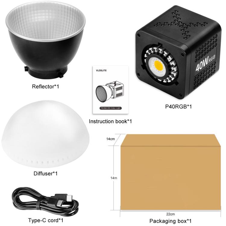 Lámpara de vídeo VLOGLITE P40RGB para fotografía, 40 W, LED COB RGB, 20 modos de efectos, para estudio., P40RGB