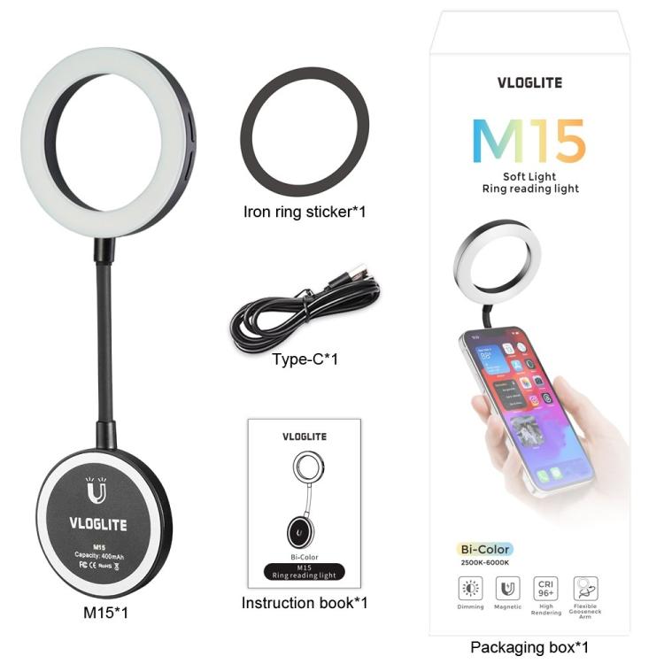 VLOGLITE M15 para teléfono, lectura, fotografía, vídeo, iluminación LED mini portátil para selfies