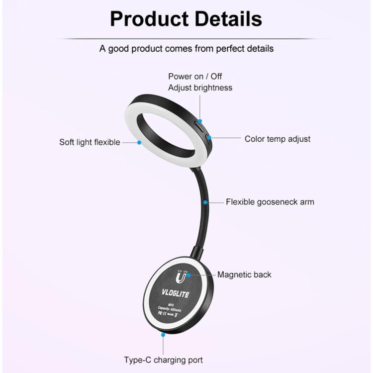 VLOGLITE M15 para teléfono, lectura, fotografía, vídeo, iluminación LED mini portátil para selfies