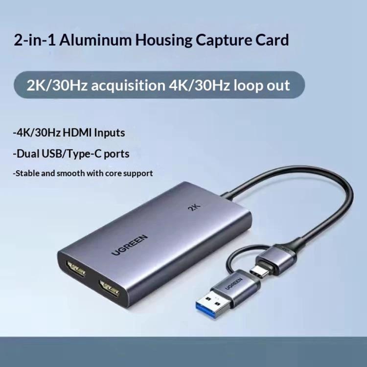 Tarjeta de captura de vídeo UGREEN CM726-25773 con salida de bucle 4K HD USB A / USB C 2 en 1 2K / 30Hz
