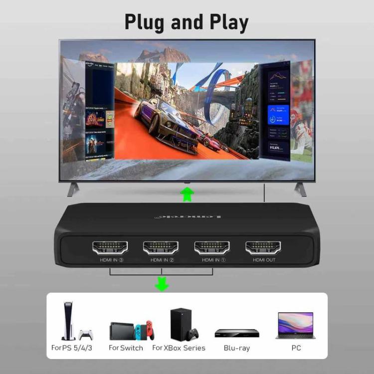 Conmutador HDMI Lemorele G99 3 entradas 1 salida 4K 60Hz HDR HDCP2.2 con control remoto IR