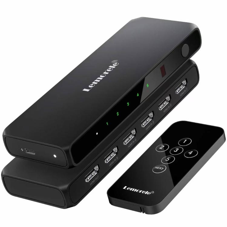 Conmutador HDMI Lemorele G96 de 5 entradas y 1 salida, conmutador de vídeo HD 4K con mando a distancia IR para consolas de videojuegos y cine en casa.