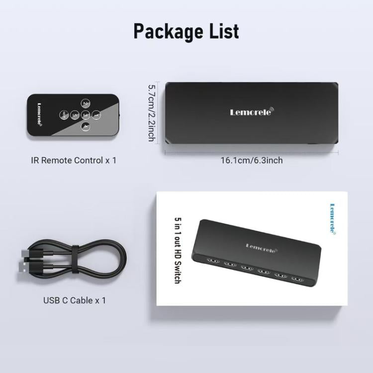 Conmutador HDMI Lemorele G96 de 5 entradas y 1 salida, conmutador de vídeo HD 4K con mando a distancia IR para consolas de videojuegos y cine en casa.