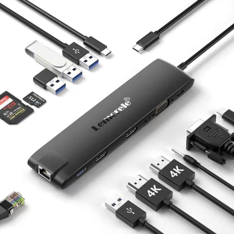 Estación de acoplamiento Lemorele TC96 Tipo-C con puerto Ethernet, HDMI 4K y concentrador de carga PD