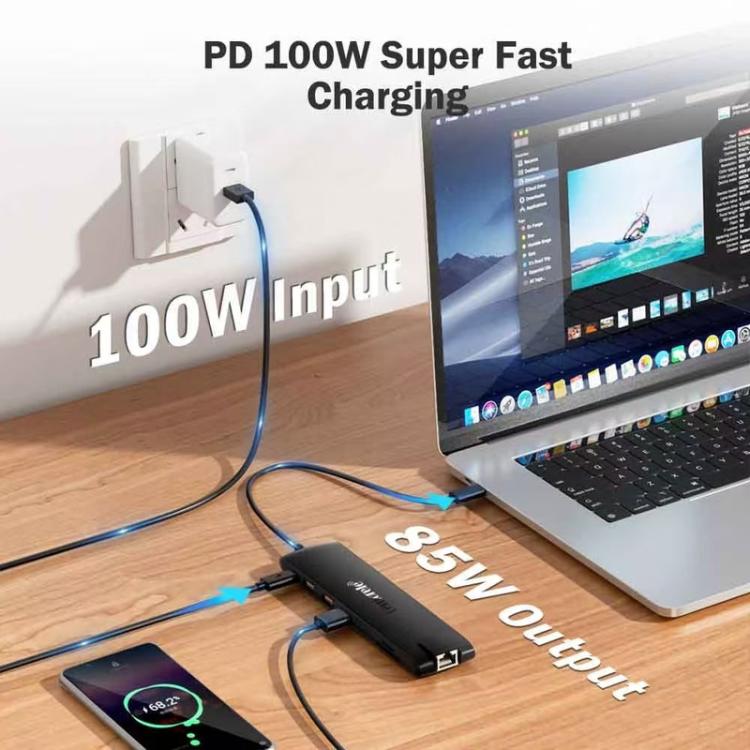 Estación de acoplamiento Lemorele TC96 Tipo-C con puerto Ethernet, HDMI 4K y concentrador de carga PD